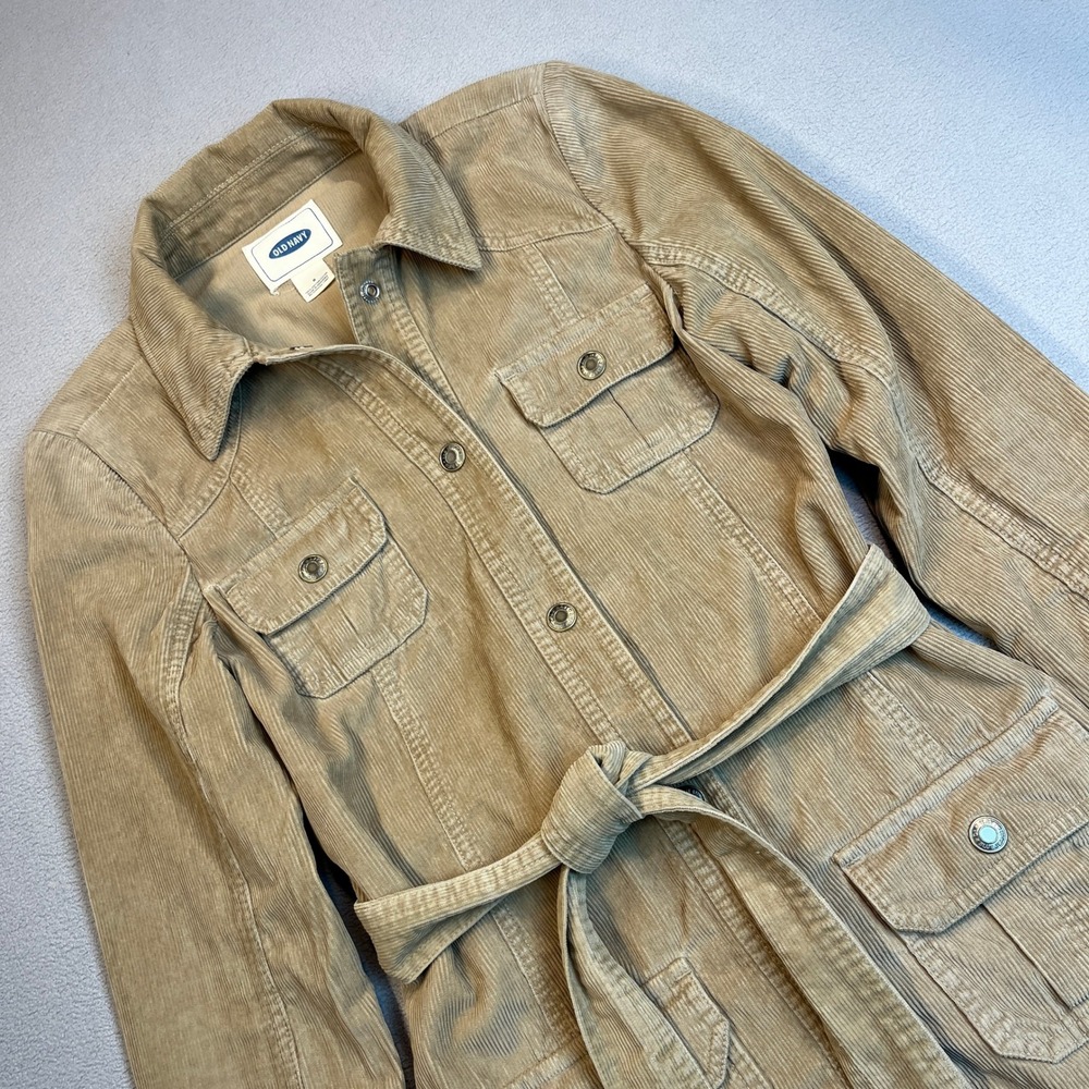 Old Navy Womens Tan Corduroy Belted Field Jacket Khaki Utility Pocket Coat Small